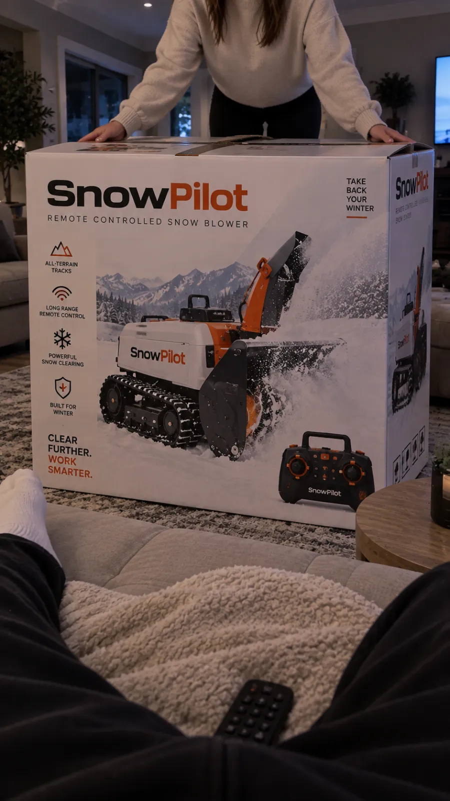 SnowPilot box in a living room, ready to open