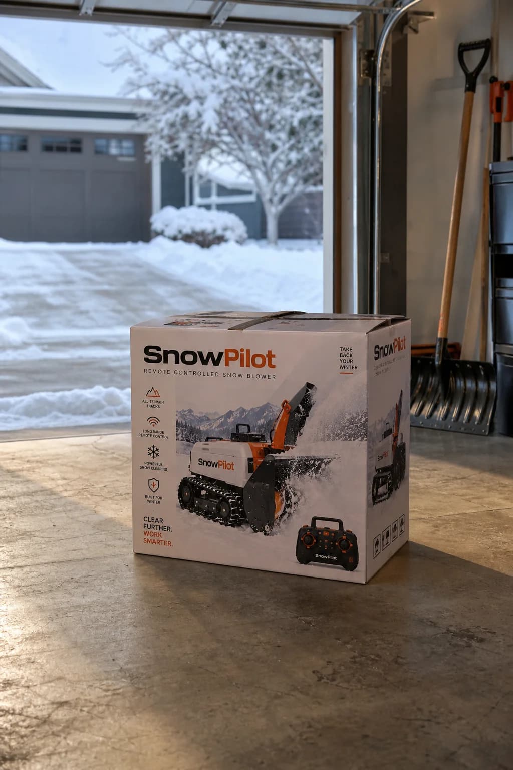 SnowPilot box on a garage floor beside a snowy driveway